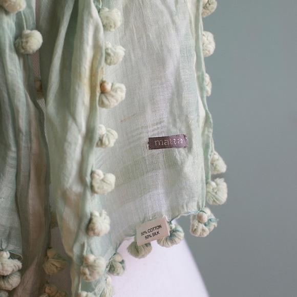 Matta 50/50 Silk and Cotton Mint Green Pom Scarf - Picture 3 of 4